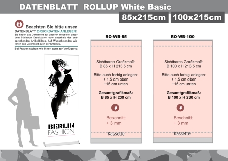 White Basic Rollup ohne Druck 100 x 215 cm | Kassette weiß schwarz oder silber