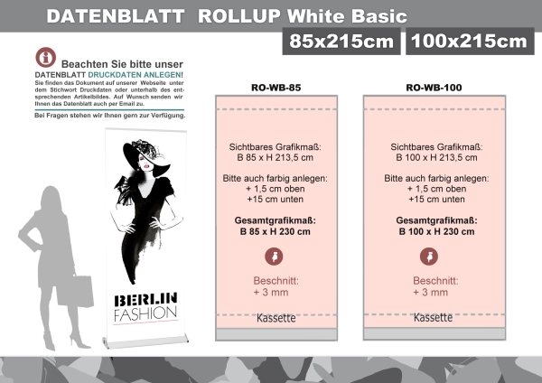 White Basic Rollup ohne Druck 85 x 215 cm | Kassette weiß schwarz oder silber